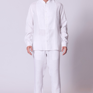 Classic Linen Mandarin Collar Bib Shirt in White