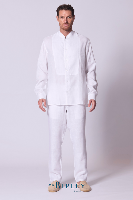 Classic Linen Mandarin Collar Bib Shirt in White