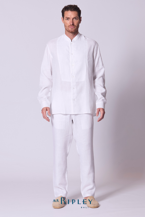 Classic Linen Mandarin Collar Bib Shirt in White