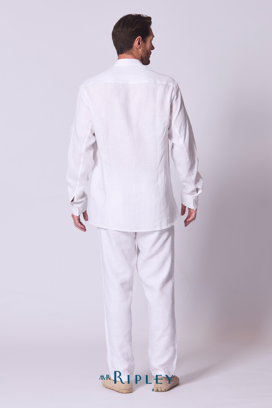 Classic Linen Mandarin Collar Bib Shirt in White