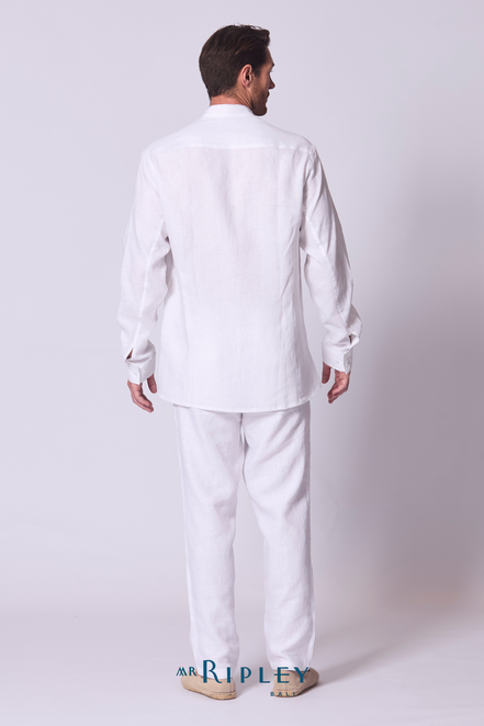 Classic Linen Mandarin Collar Bib Shirt in White