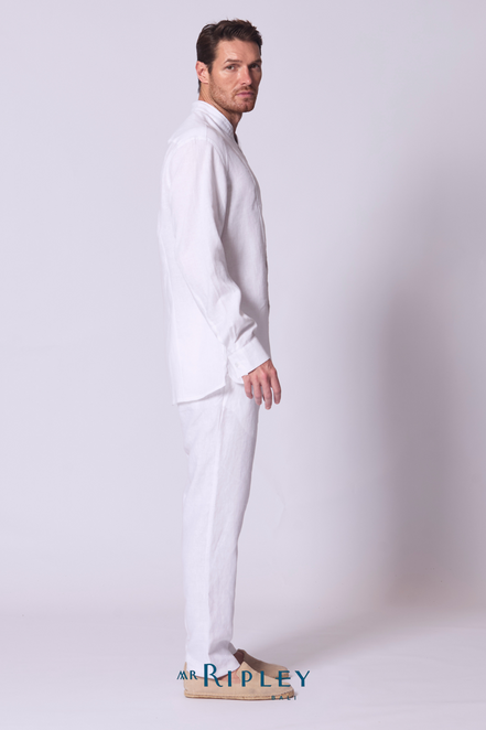 Classic Linen Mandarin Collar Bib Shirt in White