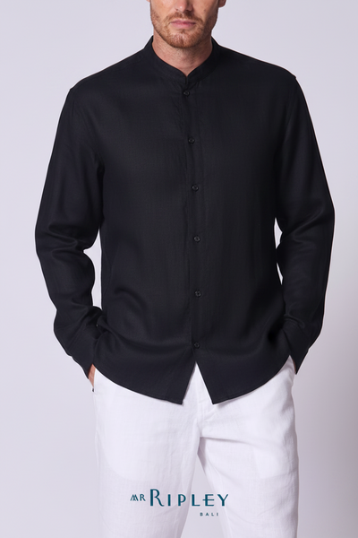 Linen Mandarin Collar Shirt in Navy
