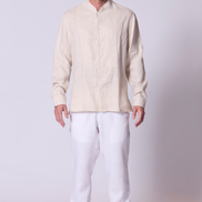 Classic Linen Mandarin Collar Bib Shirt in Stone