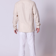 Classic Linen Mandarin Collar Bib Shirt in Stone