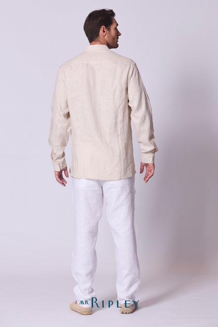 Classic Linen Mandarin Collar Bib Shirt in Stone