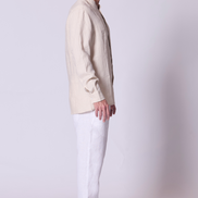 Classic Linen Mandarin Collar Bib Shirt in Stone