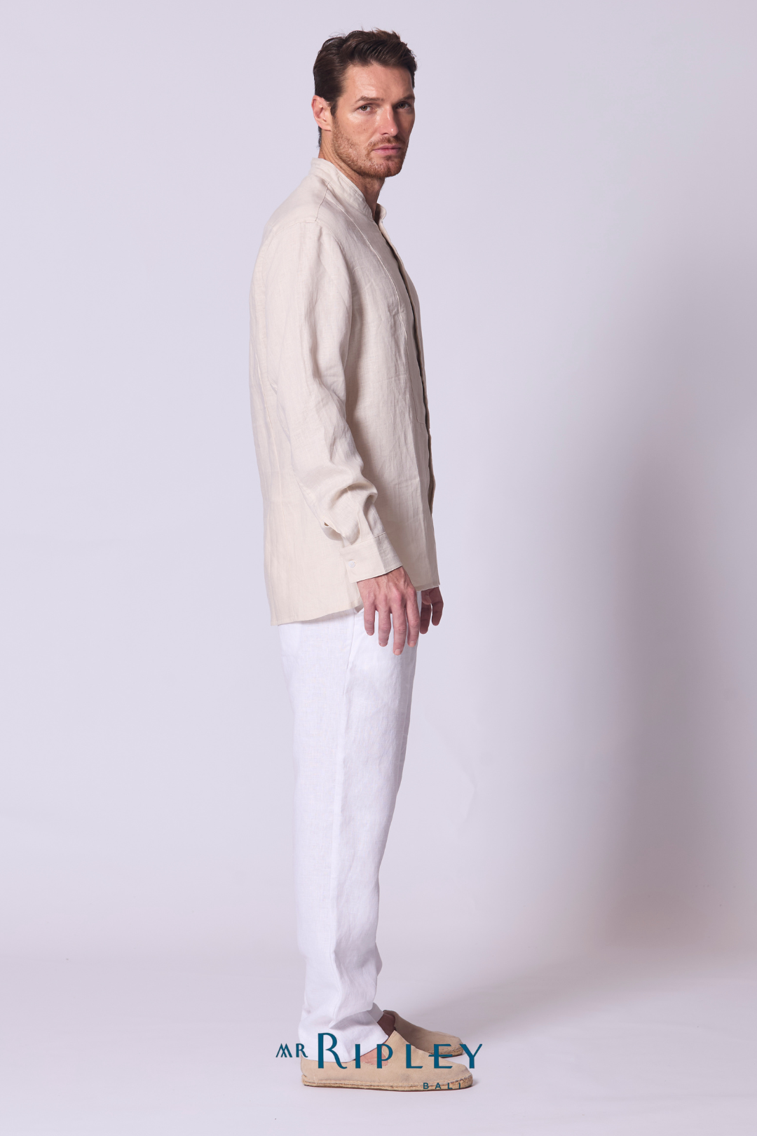 Classic Linen Mandarin Collar Bib Shirt in Stone