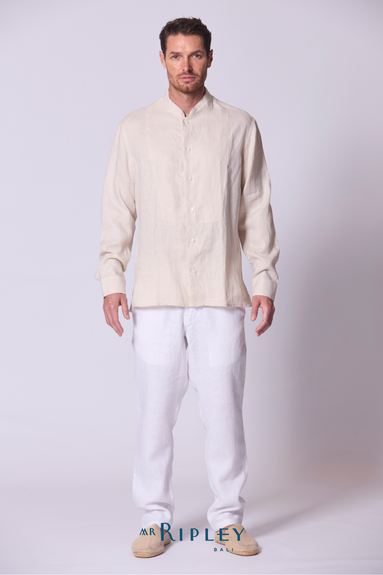 Classic Linen Mandarin Collar Bib Shirt in Stone