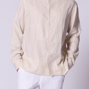 Classic Linen Mandarin Collar Bib Shirt in Stone