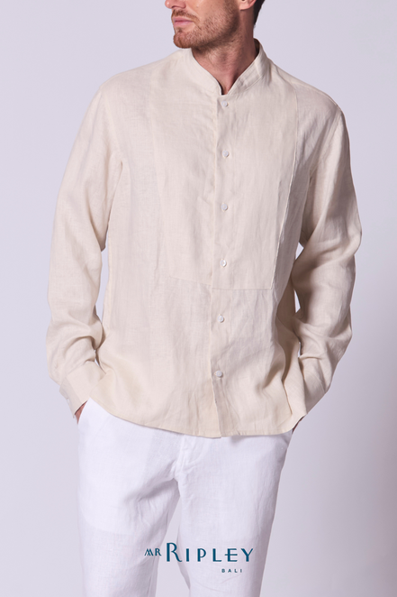 Classic Linen Mandarin Collar Bib Shirt in Stone