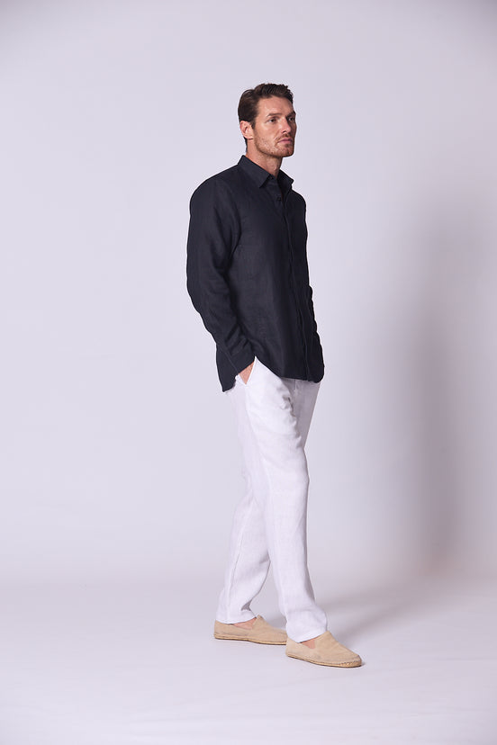 Long Sleeve Linen Shirt with Seam Detail Navy Blue