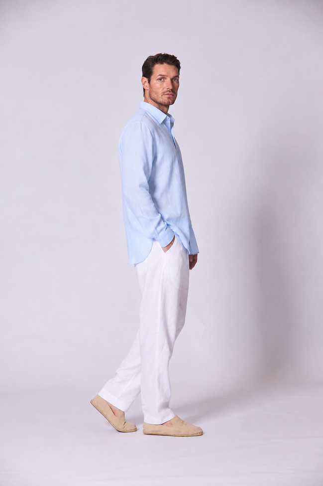 Long Sleeve Linen Shirt with Seam Detail Light Blue