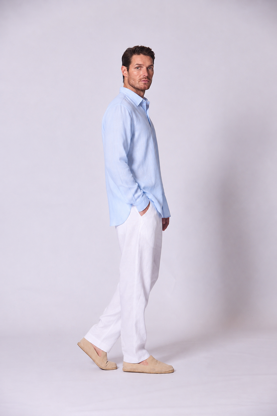 Long Sleeve Linen Shirt with Seam Detail Light Blue