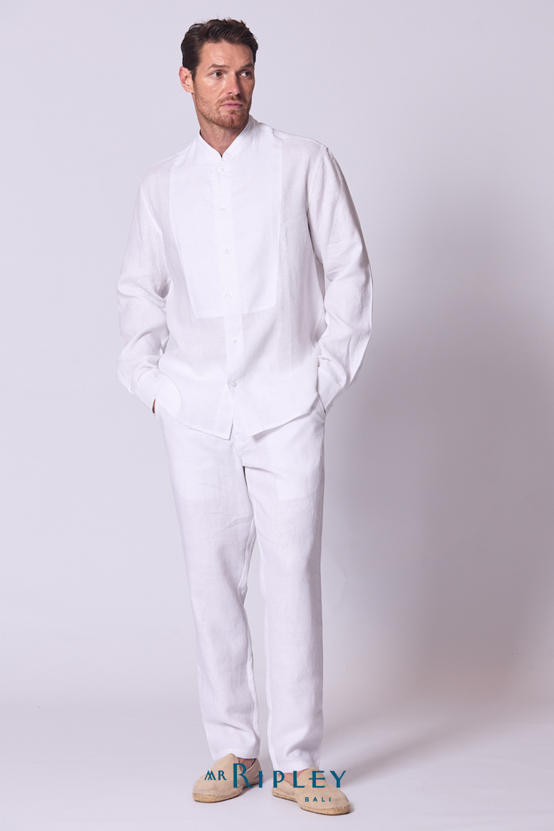 Classic Linen Mandarin Collar Bib Shirt
