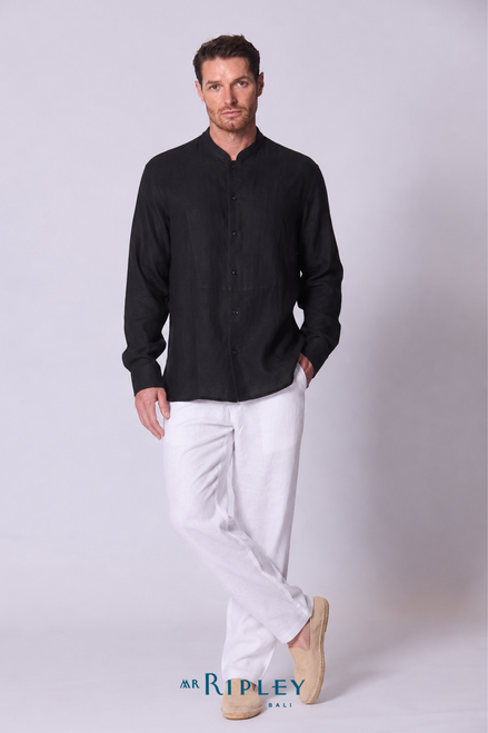 Classic Linen Mandarin Collar Bib Shirt