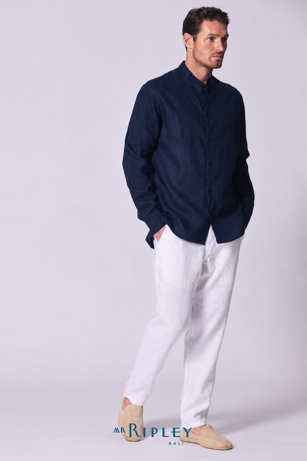 Classic Linen Mandarin Collar Bib Shirt