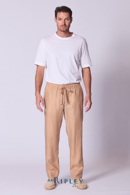 Pantalón Holgado de Lino para Estar en Casa en Color Paja