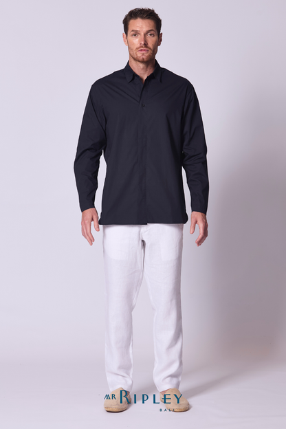 Tab Front Cotton Voile Shirt in Navy
