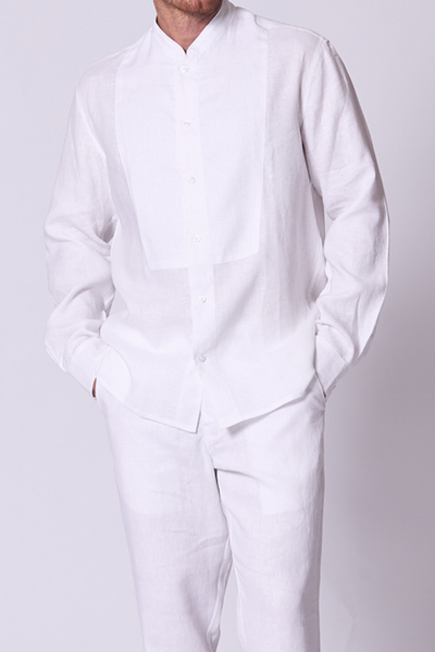 Linen Mandarin Collar Shirt in White