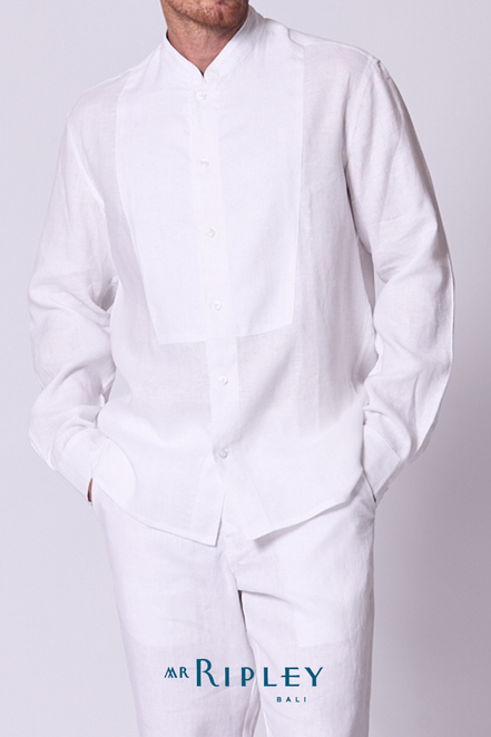 Classic Linen Mandarin Collar Bib Shirt in White