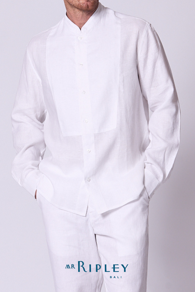 Classic Linen Mandarin Collar Bib Shirt in White