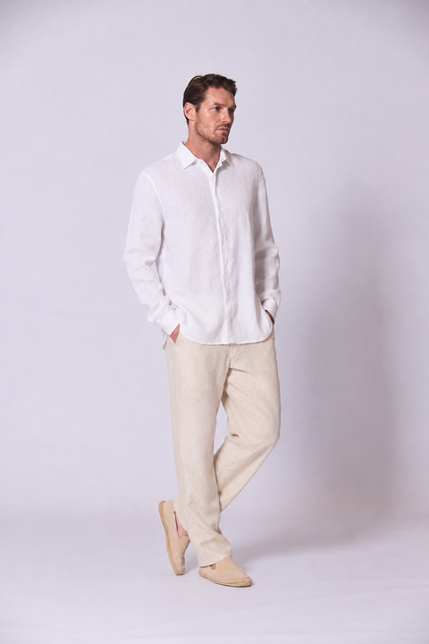 Long Sleeve Linen Shirt with Seam Detail White