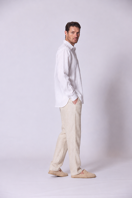 Long Sleeve Linen Shirt with Seam Detail White