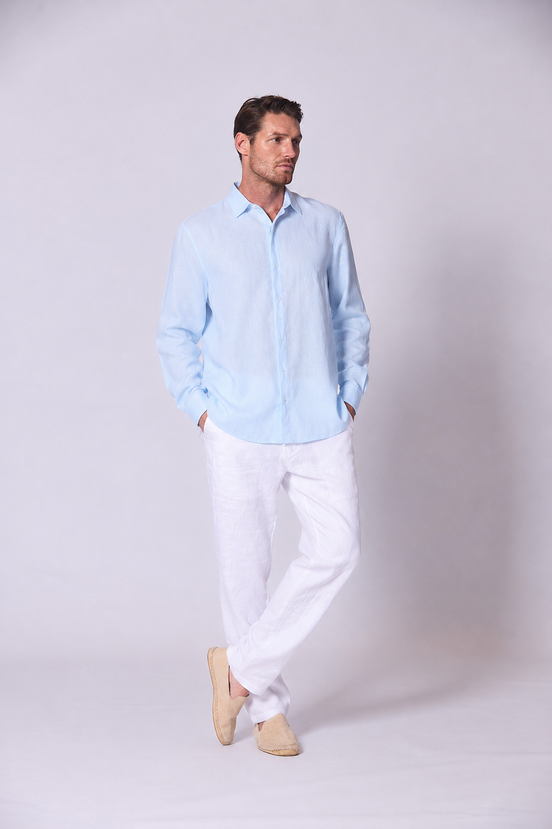 Long Sleeve Linen Shirt with Seam Detail Light Blue