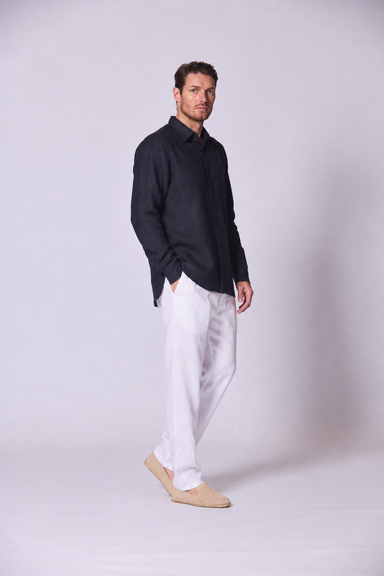 Long Sleeve Linen Shirt with Seam Detail Navy Blue